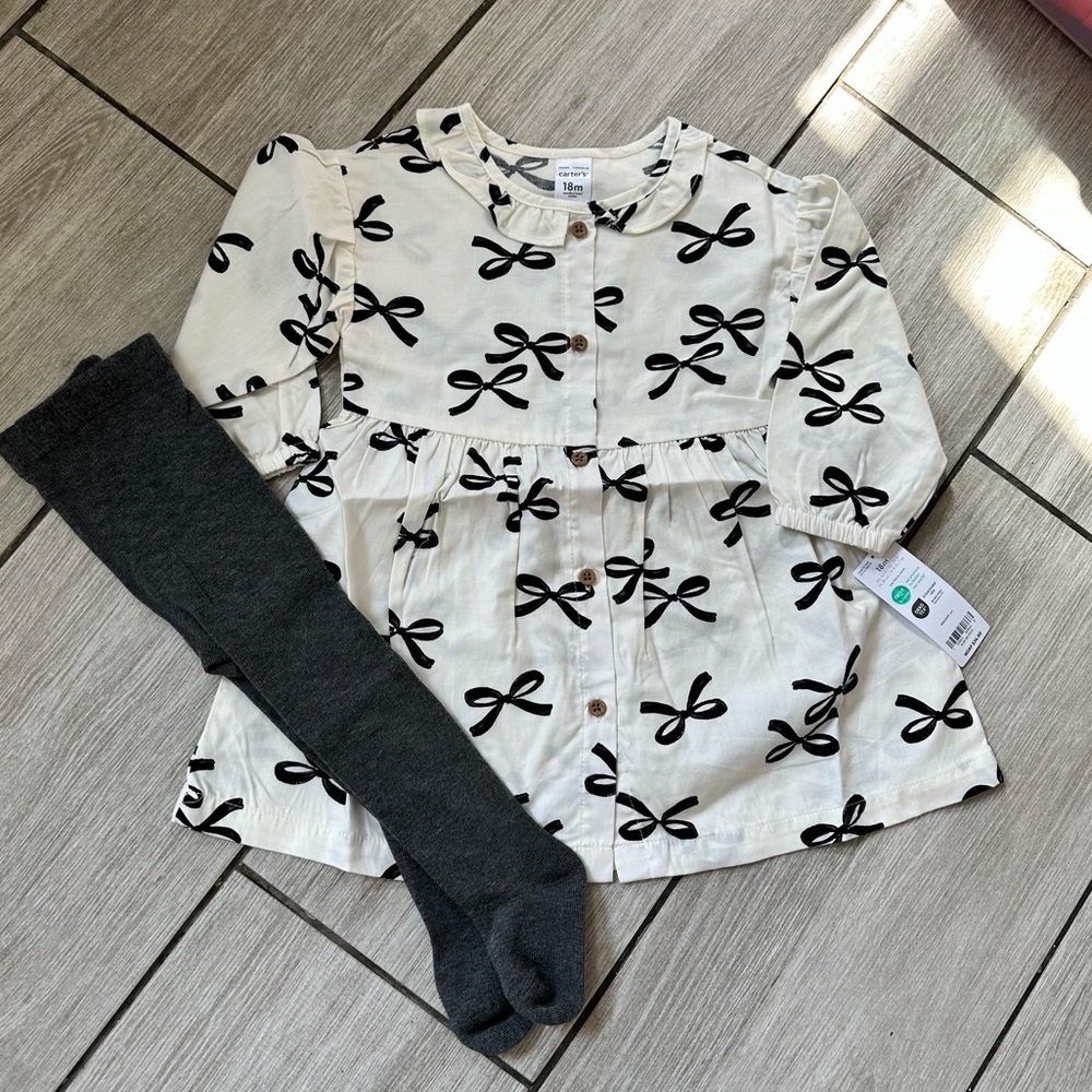 Carters Dress with Bows Design Button Up with Tights 18 Months NWT